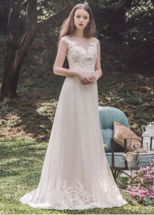 Cap Sleeve Beaded Ivory Lace Tulle Buttons Back Wedding Dress